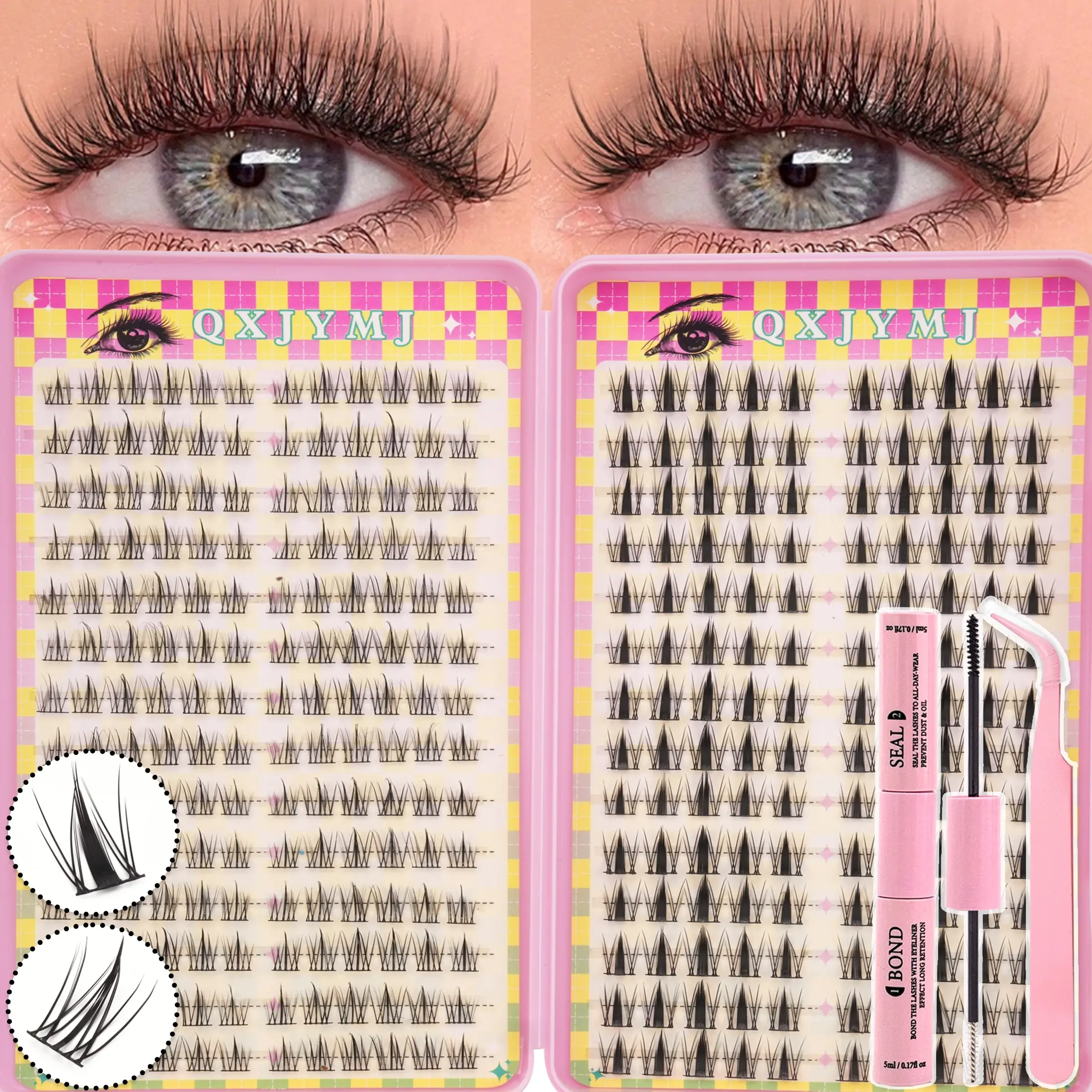 Anime Style False Lashes DIY Kit, 28 Rows 308 Clusters, Reusable Volume Single Fiber, Includes Glue and Tweezers, Beginner Friendly