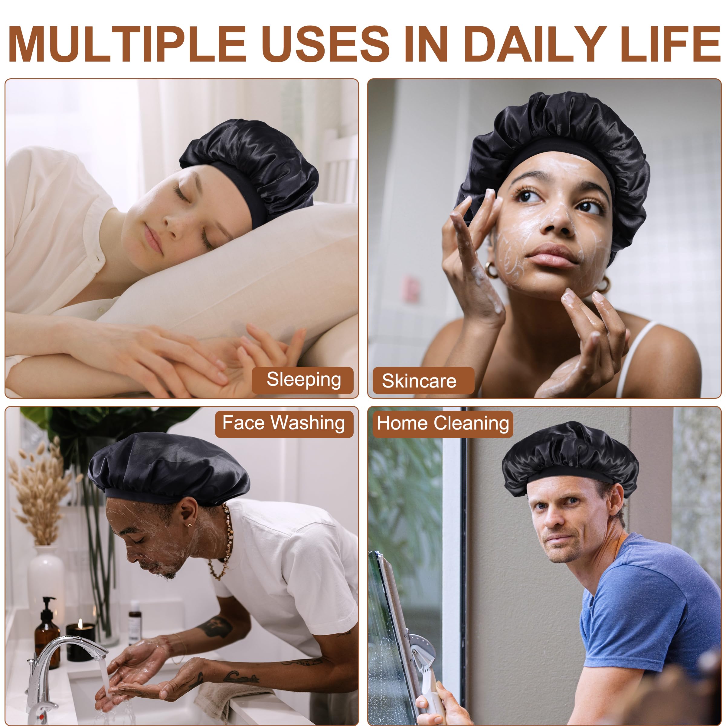 Double Layer Satin Hair Bonnet for Men & Women - Reversible Night Cap for Curly Hair - Black Satin Bonnet for Ultimate Hair Protection & Style - Ideal for Sleeping & Everyday Wear - Unisex Hair Bonnet for Men and Women