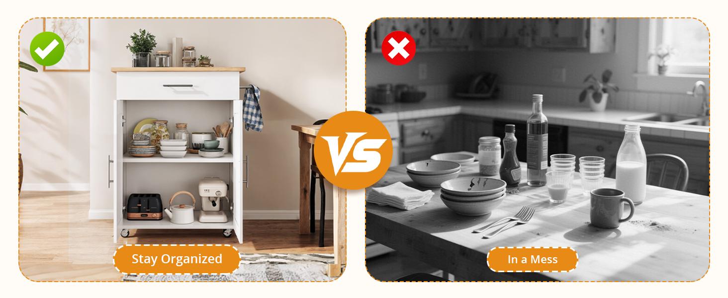 Kitchen Island Cart, Small Kitchen Island with Storage - Large Drawer, Adjustable Shelf & Towel Rack, Mobile Rolling Kitchen Island with Wheels, Space-Saving White Kitchen Organizer for Dining Room