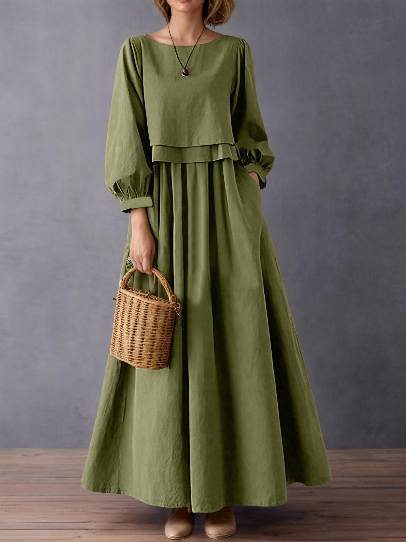 Women's Casual Long Sleeve Dress, Pure Color A-Line Design, Autumn Retro Style, Comfortable and Stylish, Perfect for Daily Wear