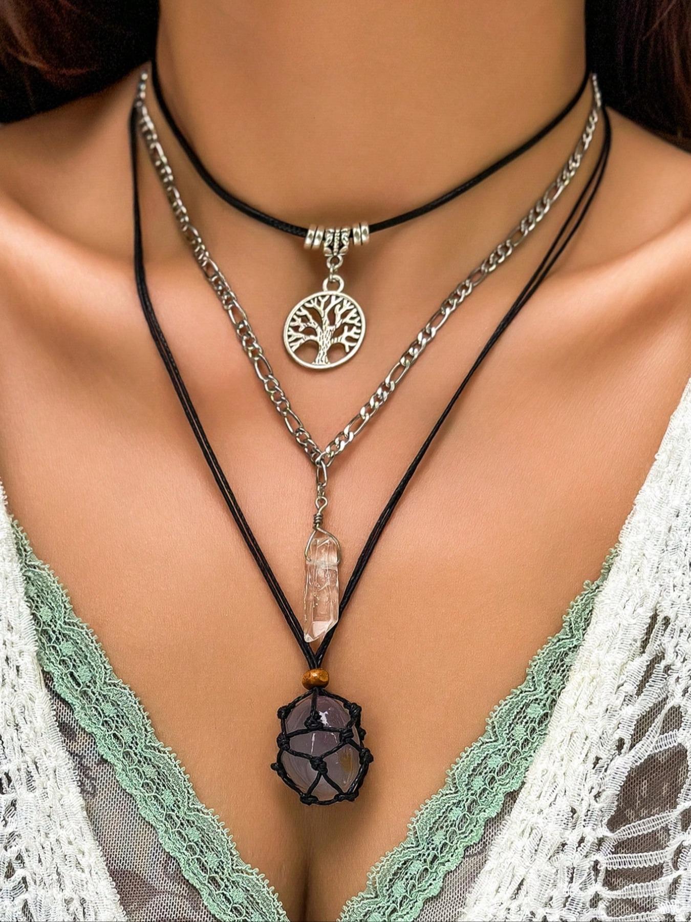 Women's Boho Style Vintage Style Artificial Crystal Decor Pendant Necklace, 3pcs Exquisite Trendy Pendant Necklace, Fashionable Jewelry for Women As Gift Without Box, Boho Chic Crystal