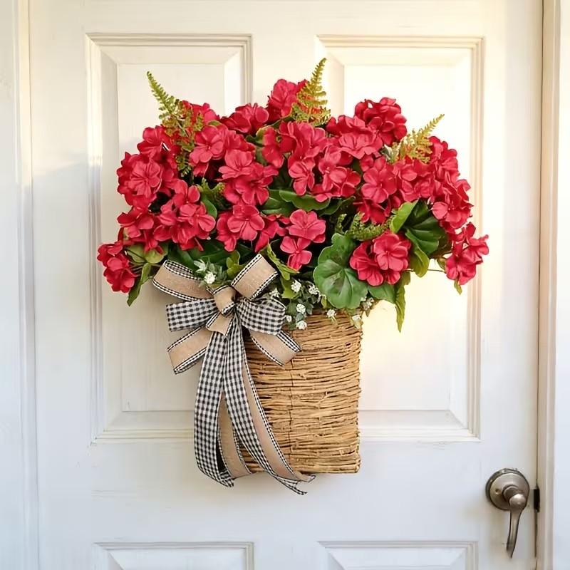 Spring Summer Geranium Artificial Flower Basket Wreath, Plaid Ribbon, Farmhouse Style Door Decor, Mother's Day Decoration