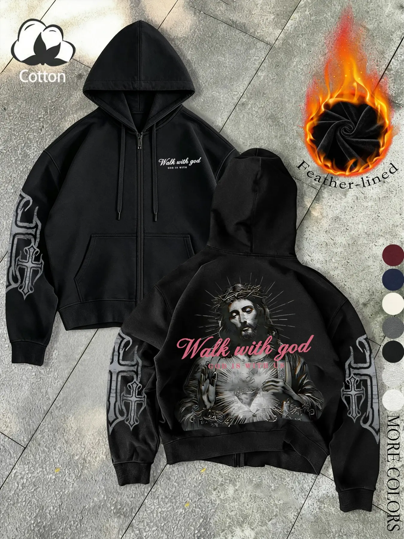 Same design for men and women. Dark-themed Jesus and “Walking with God” slogan print, retro American style with cotton zipper hoodie sweatshirt jacket. Perfect for keeping warm in autumn and winter, with fleece lining. Suitable for Christian attire. Ideal