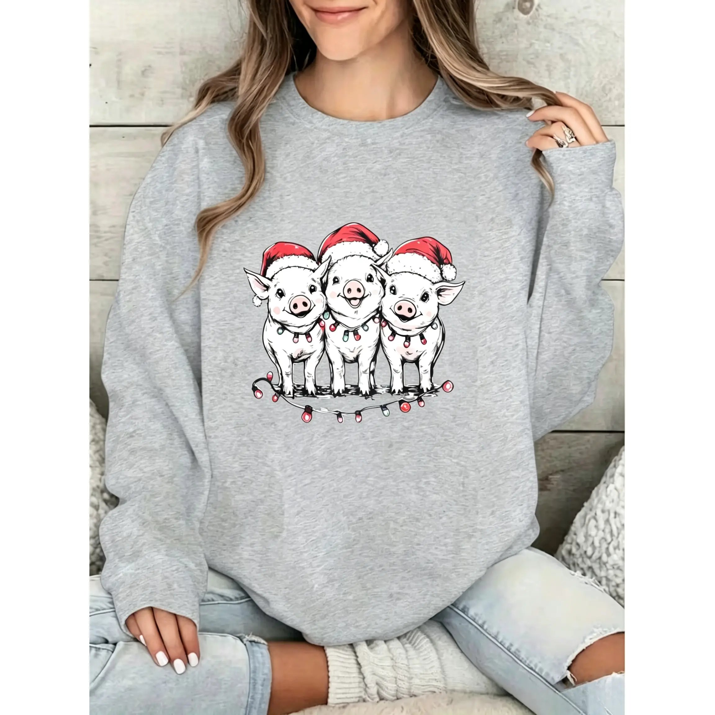 Casual Women'S Sweatshirt Featuring a Design of Three Pigs Adorned with Santa Hats And Christmas Lights, Perfect for The Autumn And Winter Seasons with a Round Neck Style