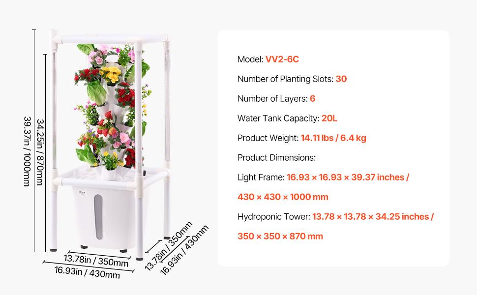 VEVOR Hydroponic Growing System with Grow Light, 30 Pods Vertical 6 Tiers Hydroponic Tower, Home Hydronic Garden with Water Pump, Plants Germination Kit for Indoor Herbs, Fruits and Vegetables