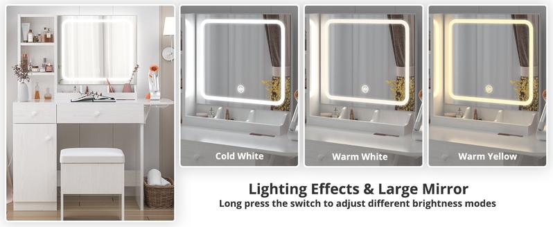 IRONCK Vanity Desk with LED Lighted Mirror & Power Outlet, Makeup Table with Drawers & Cabinet,Storage Stool,Dressing Table for Bedroom IRONCK Vanity Desk with LED Lighted Mirror & Power Outlet, Makeup Table with Drawers & Cabinet,Storage Stool,Dressing Table for Bedroom