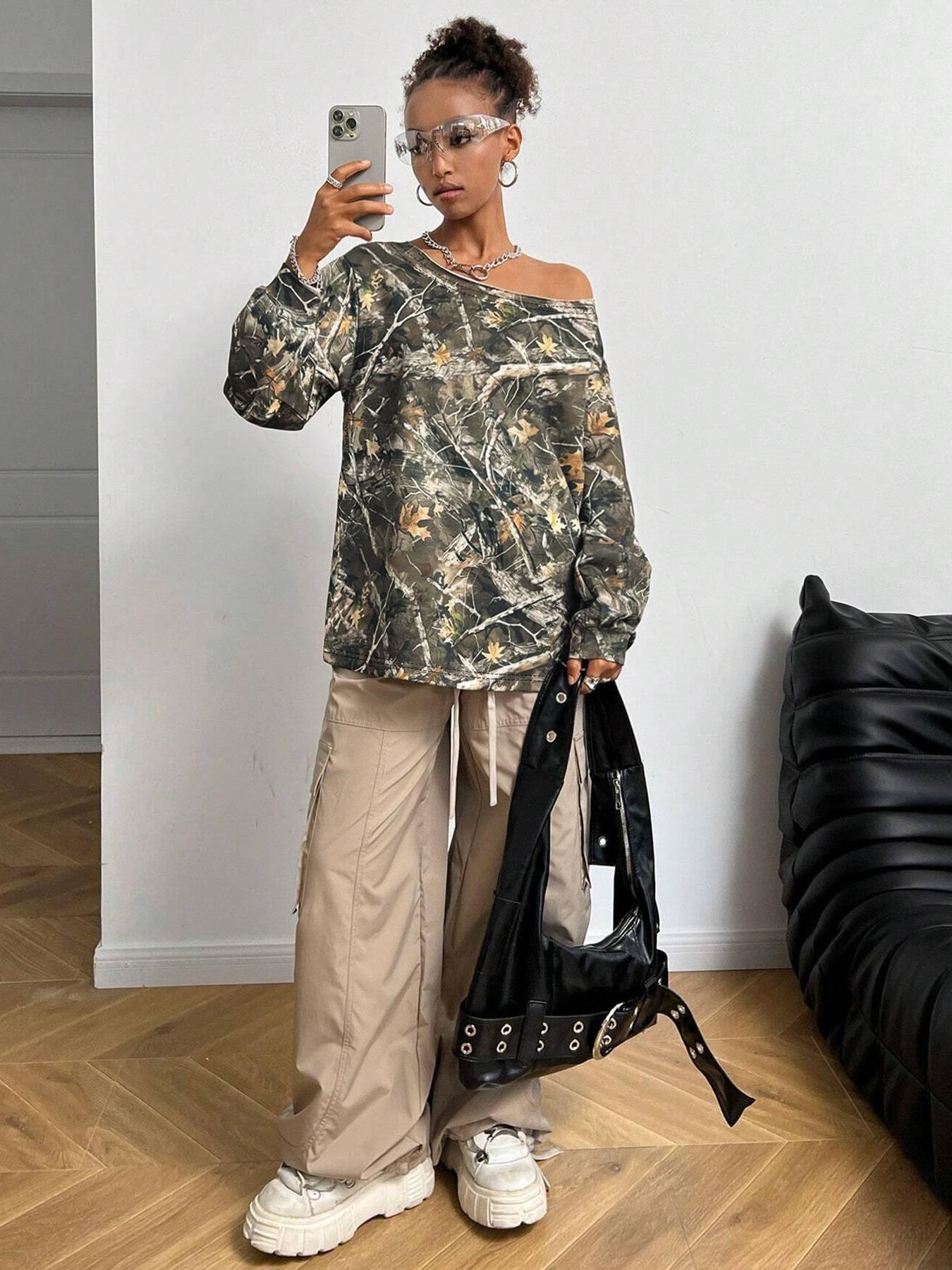 Women's Pullover Sweatshirt, Long Sleeve, Branch Texture Print, Fashionable and Comfortable, Casual Streetwear, Hip Hop, Dance, Motorcycle, Campus Style, Polyester Knit Pullover