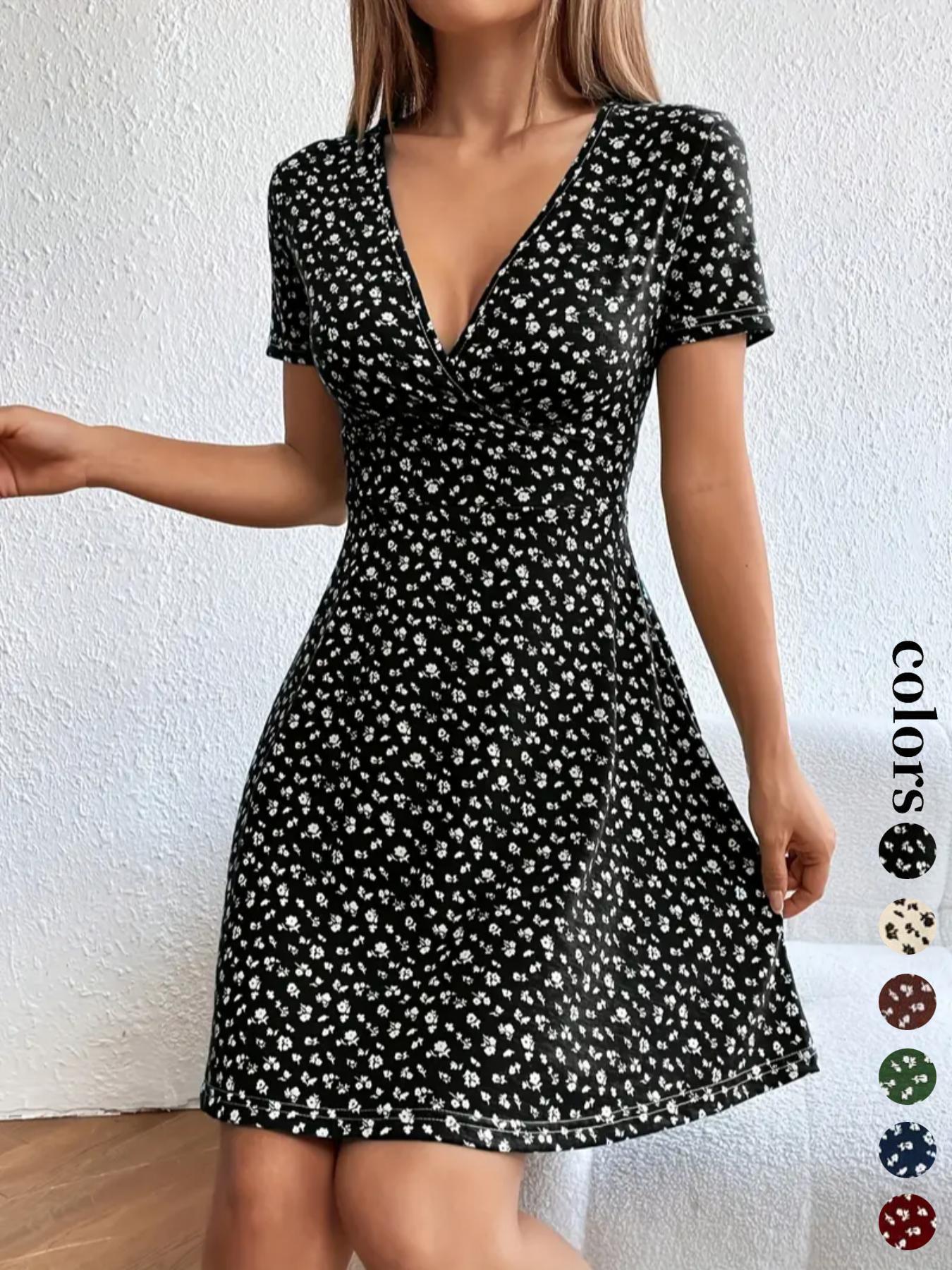 Women's Ditsy Floral Print V Neck Wrap A Line Dress, Boho Fashion Short Sleeve Short Dress Casual Boho Bohemian for Daily Holiday Vacation Wear, Frenchy Style Ladies Dress for Summer