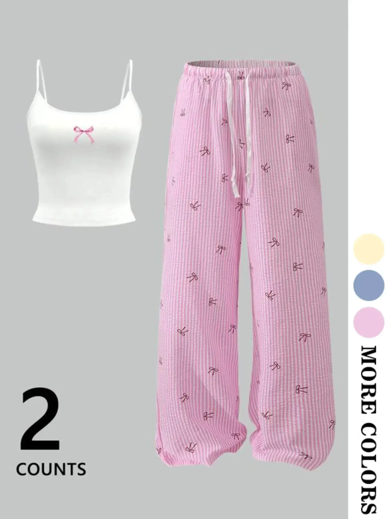 Bow Embroidery Cami Top + Allover Bow Print Crinkle Wide Leg Pants 2-Piece Set | Breathable Crinkled Textured Fabric, Coquette Style Loungewear For Relaxing At Home & Daily Errands