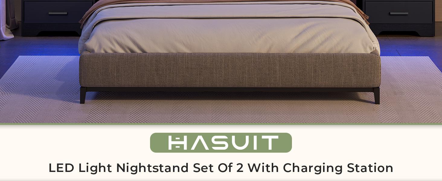 Hasuit Night Stand Set of 2 with LED Lights and Charging Station, Modern Bedside End Table with 2 Fabric Storage Drawers, Black Nightstands for Bedroom