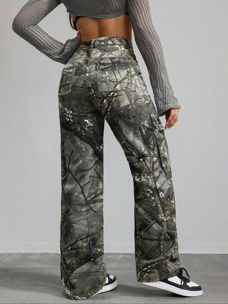 Women's High Waist Loose Fit Camo Cargo Pants, Casual Straight Leg Denim Jeans, Y2K Fashion Winter Sports Pants with Pockets, High Waisted Design