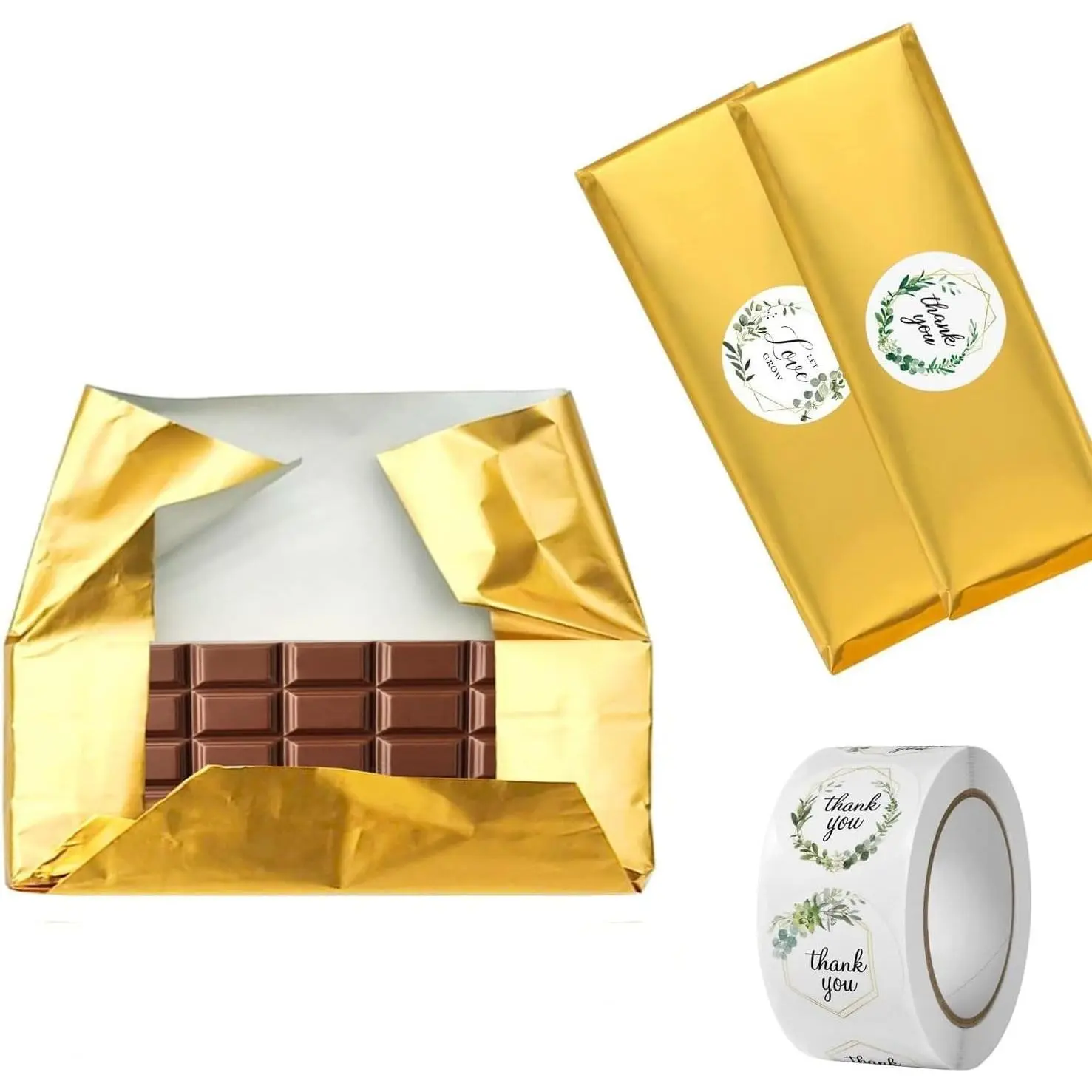 100 Pack Chocolate Bar Wrappers with Thick Paper Backing, 100 Stickers, 6" x 7.5" Gold Foil Candy Wrappers, Homemade Individual Wrapping Sheets, Durable, Wrinkle-Free