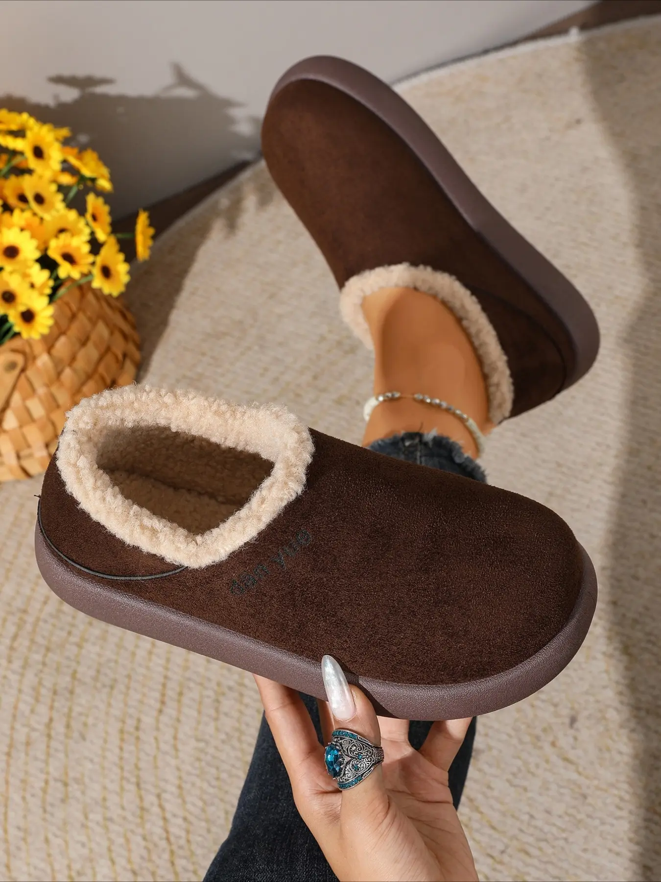 Suede slip‑on fleece lined women shoes with thick soft sole, fuzzy collar, warm and cozy, casual comfy footwear for autumn and winter daily wear