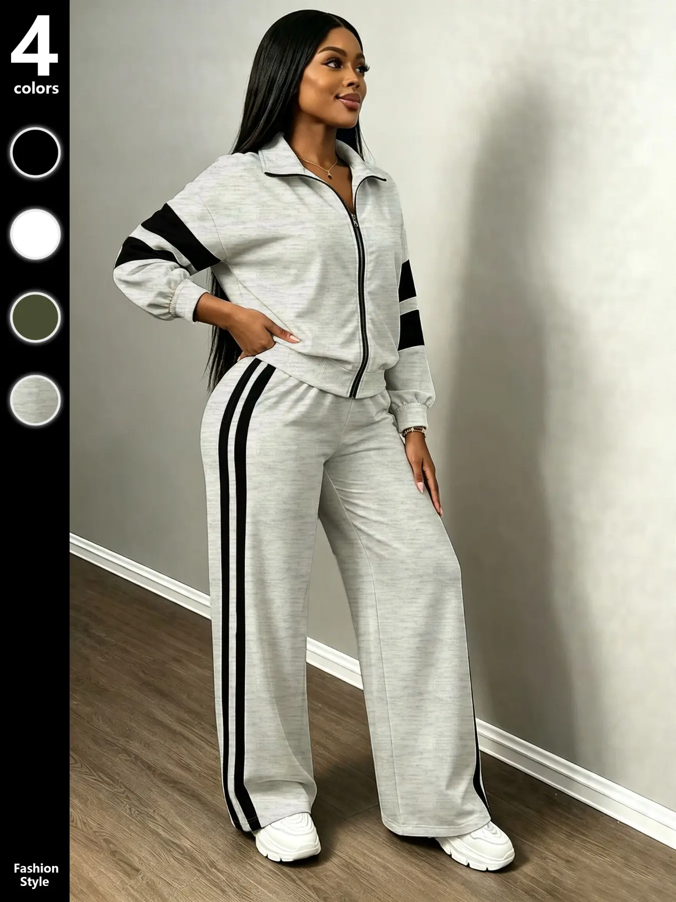 Women's Colorblock Casual Two-Piece Set, Zip-Up Long Sleeve Sweatshirt + Wide Leg Pants, Soft Knit, Fall & Winter, Clothes