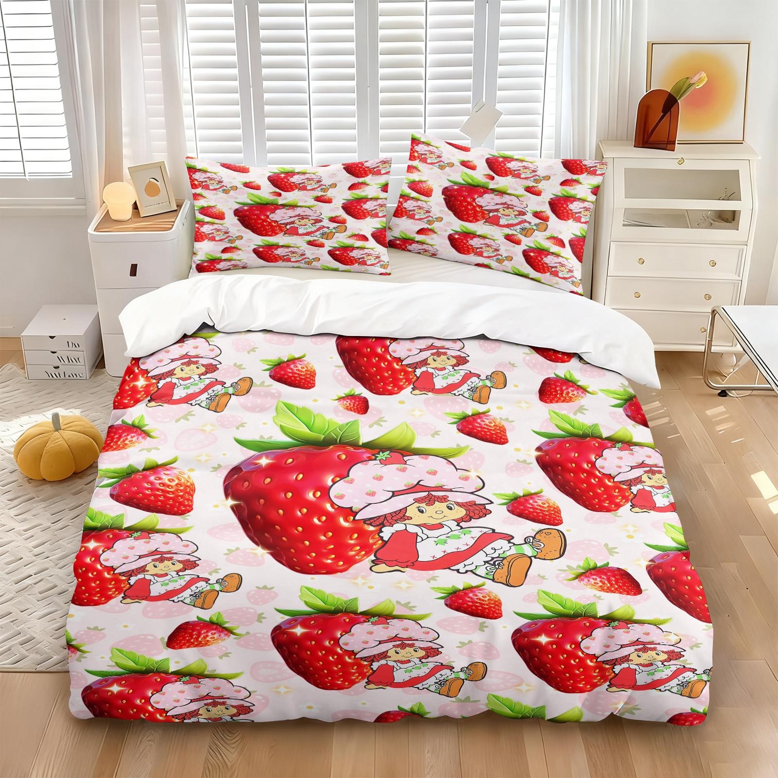 Vintage Strawberry Girl Cartoon 3-Piece Duvet Cover Set, Ultra-Soft Microfiber Bedding with 2 Pillowcases, Cute Kawaii Style Bedding for Kids Girls Bedroom Dorm Decor