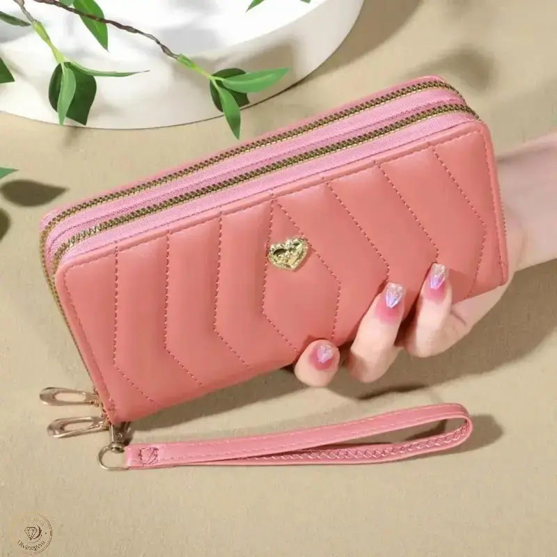Women's Chevron-Stitched Faux Leather Wristlet Wallet - Wallets for Women, Rhinestone Heart Ornament, Double-Zipper Multi-Card Holder Clutch, Spacious Storage with Hand Strap, Stylish Gym Accessory for Daily Commute, Gifting