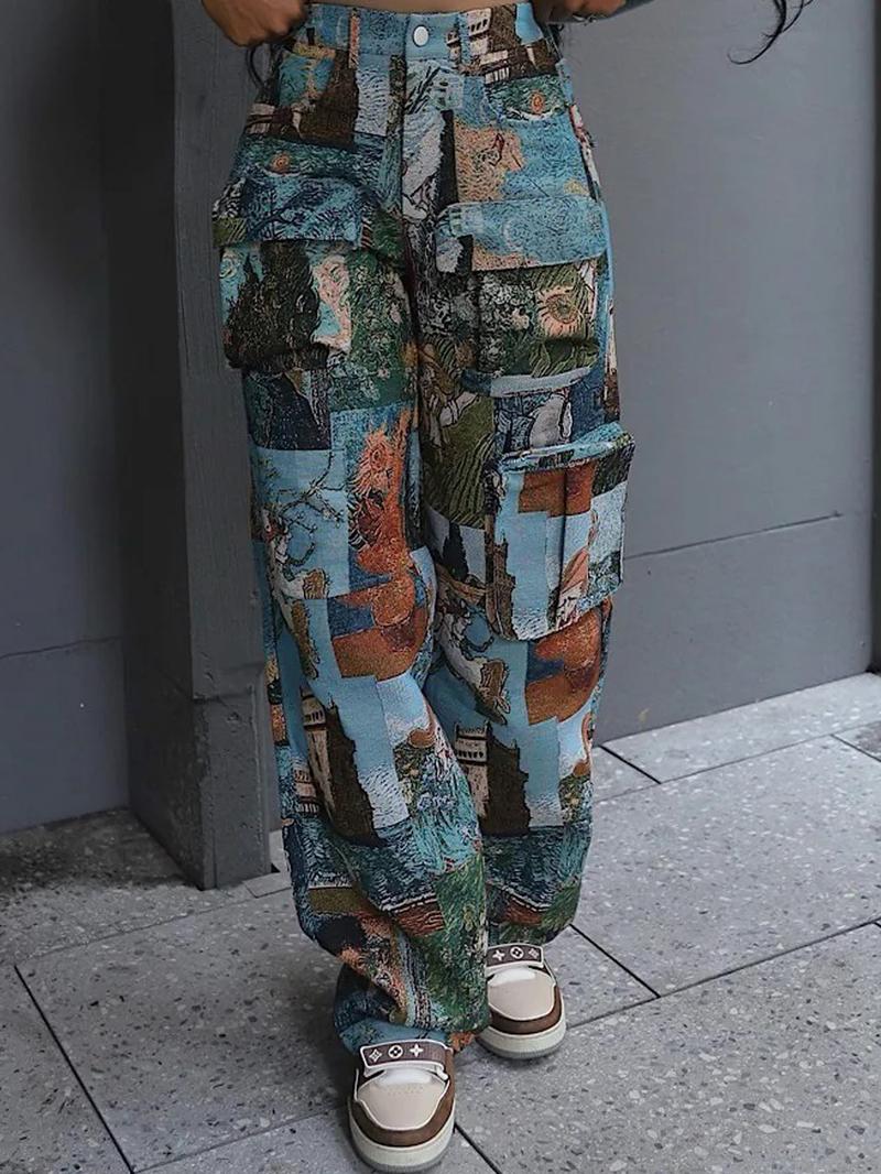 Women's Patchwork Art Print Pocket Cargo Pants, Casual Street Trousers for Daily Wear, Ladies Bottoms for All Seasons, Baggy Pants