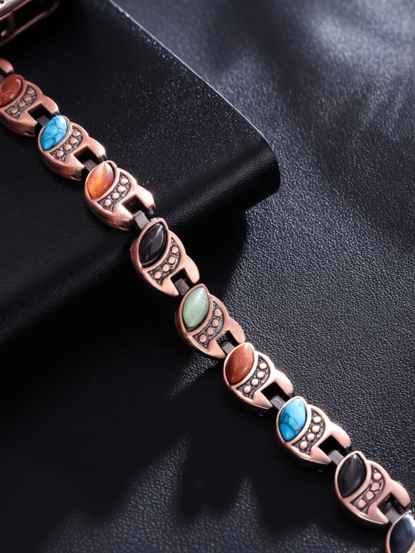 Women's Copper Bracelet, Magnetic Stone Bangle, Vintage Geometric Alloy Jewelry, Casual Fashion Gift, Includes Adjuster and Box