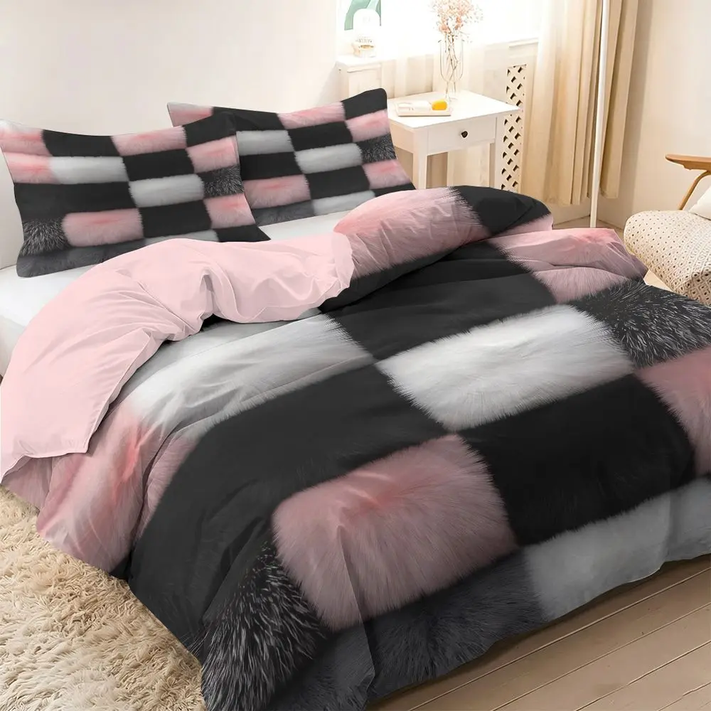 Luxury Faux Fur Checkered Duvet Cover Set, Stylish Pink Black & White Plush Bedding Set (1 Duvet Cover, 2 Pillowcases, Excluding the core and pillow core), Soft Fluffy Comforter Cover, Aesthetic Bedroom Decor, Zipper Closure, Cozy Warmth