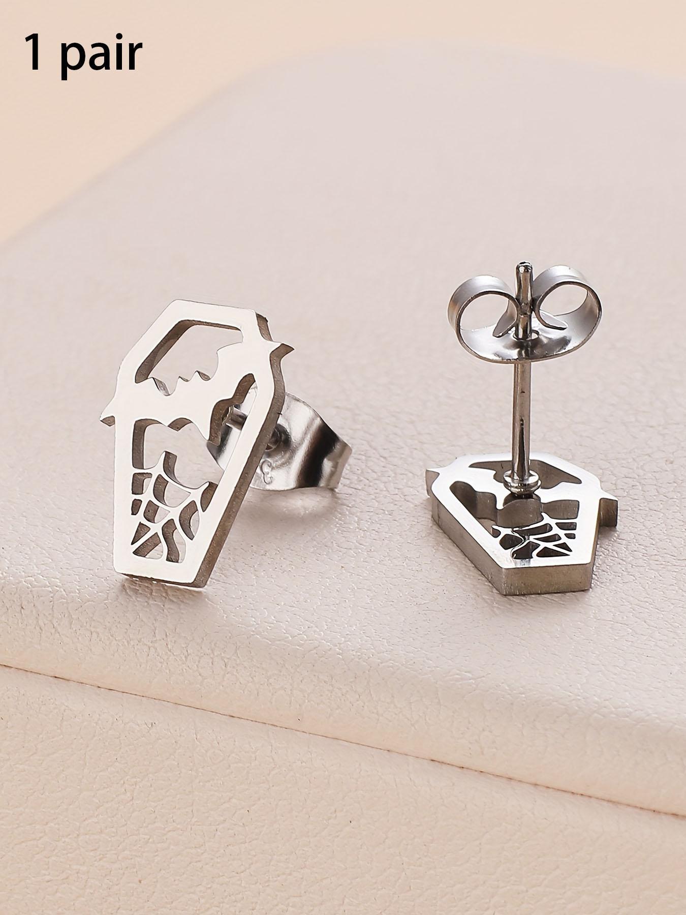Unisex Silver Stainless Steel Gothic Bat-Coffin Stud Earrings - Witchy Spooky Jewelry, 1 Size, Lightweight Hypoallergenic, Fashionable Jewelry Accessories, Coffin Shape Halloween Fashion Accessory