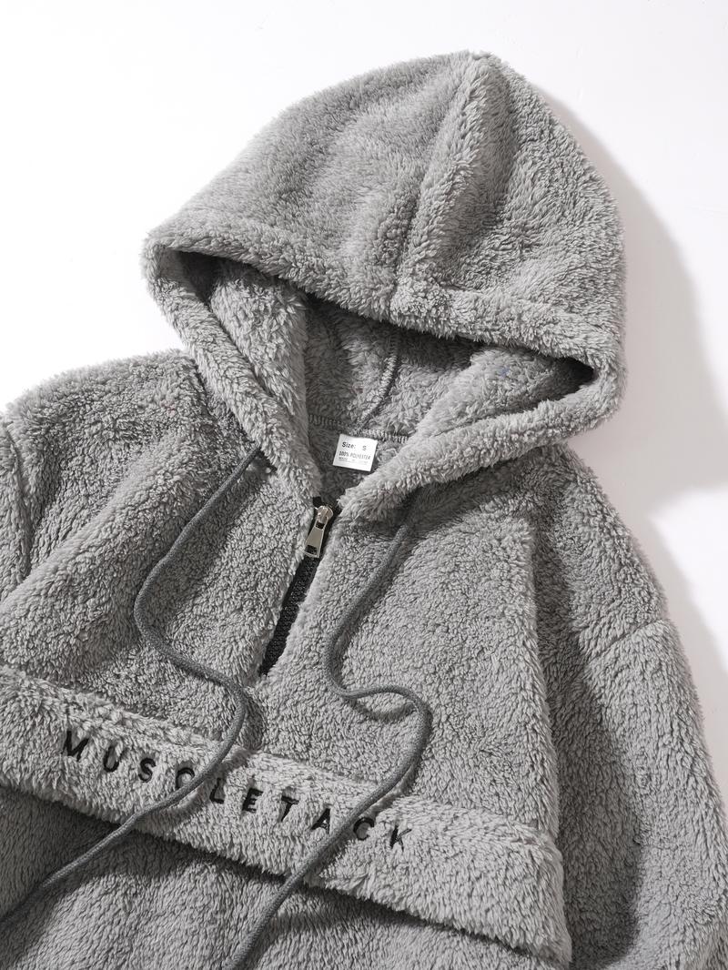 Men's Fall Winter Outfits Fleece Hoodie with Embroidered Letter Front for Daliy Wear, Old Money Style Half-Zip Pullover, Drawstring Hat, Casual Trendy Sweatshirt，Essential for Man's Wardrobe.