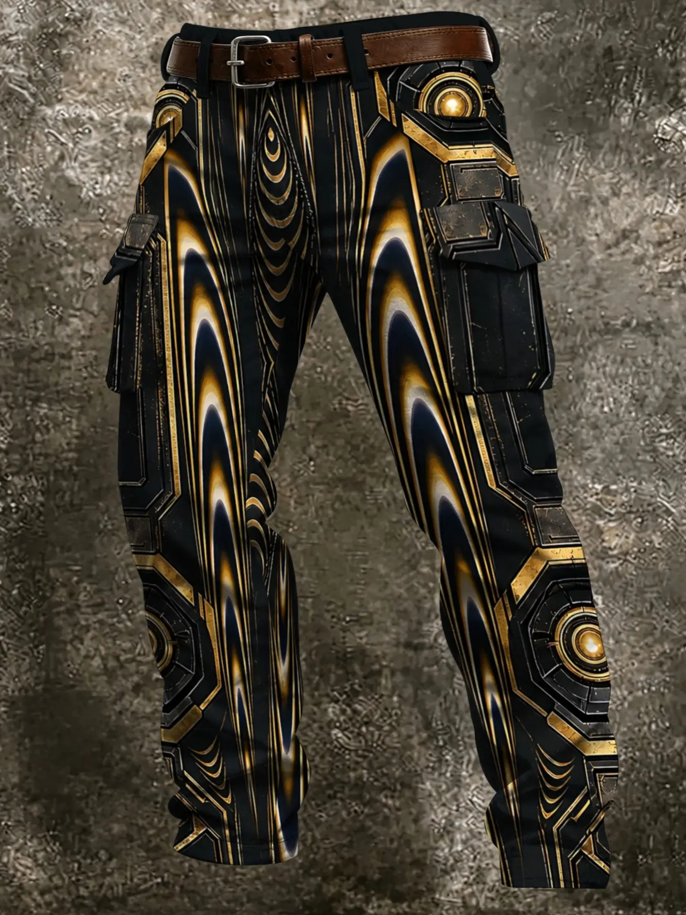 Gold Industrial Mechanic Work Pants, Flip-Top Storage Side Pockets, Full Turbine Armor Metal Lines, Sci-Fi Enthusiast Streetwear Long Pants