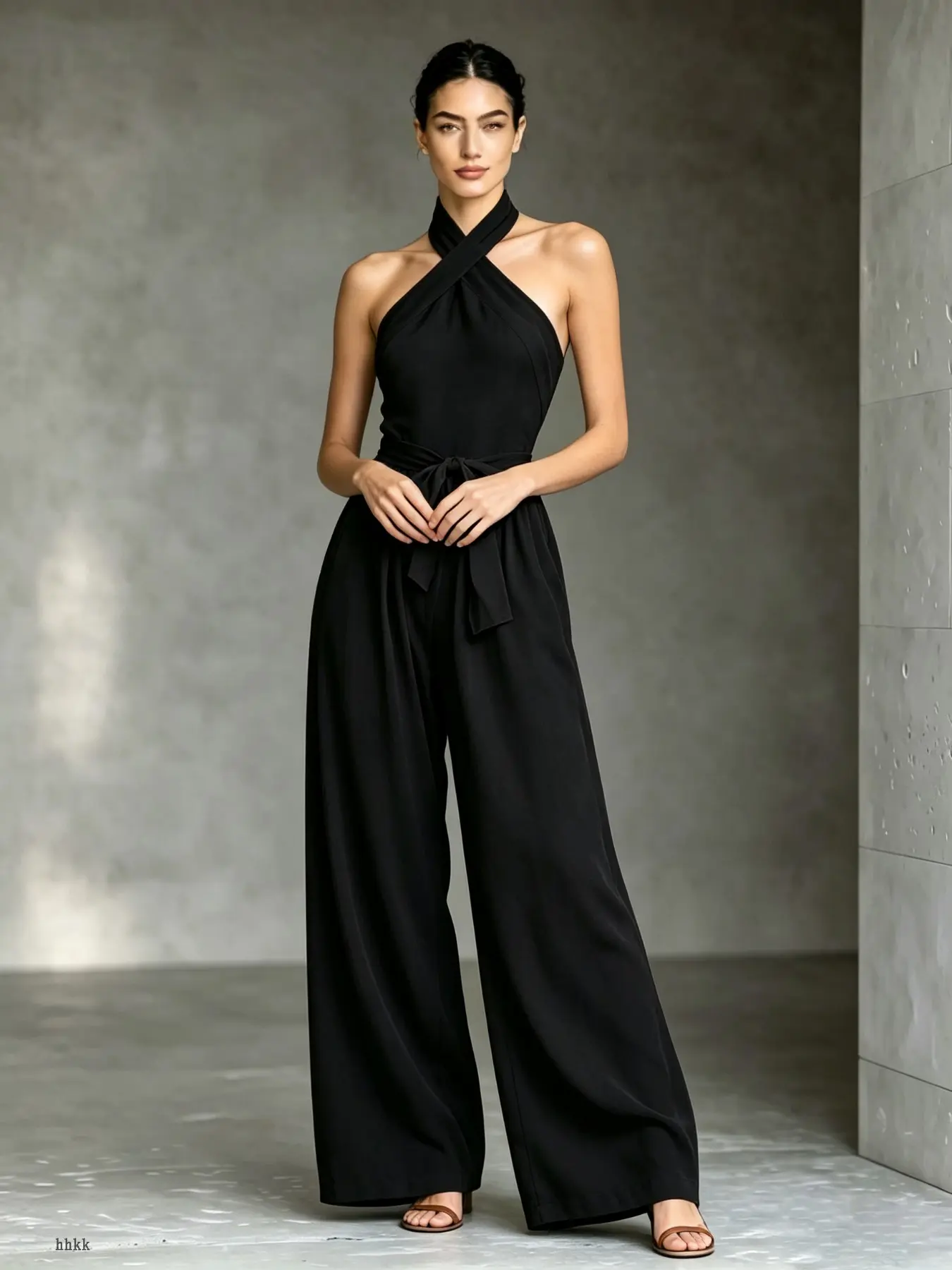 Women's Cross-Back Halter Jumpsuit, Loose Fit Flowy Wide Leg with Belt, Elegant Earth Tone Sleepwear Loungewear, Tiktok Trendy Essential