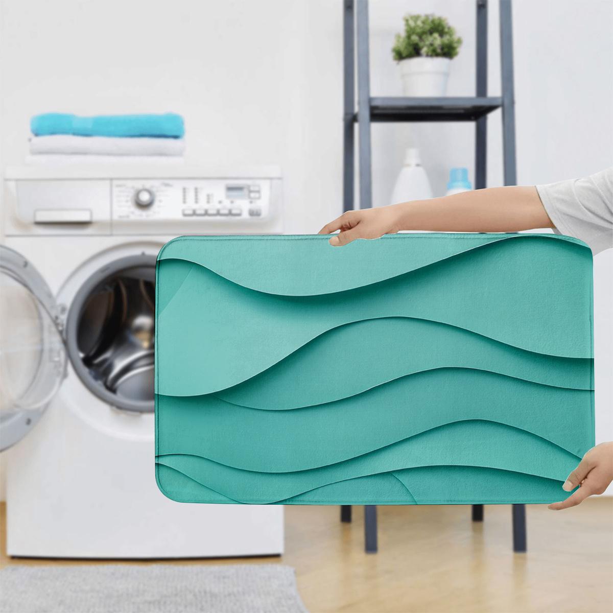 3pcs Green 3D Wave Pattern Bathroom Mat Set, Soft Flannel, Toilet Lid Cover, U-Shaped Toilet Mat, 100% Polyester, Modern Design, Home Bathroom Decor, Stylish Bathroom Accessory, Bathroom Rug Se