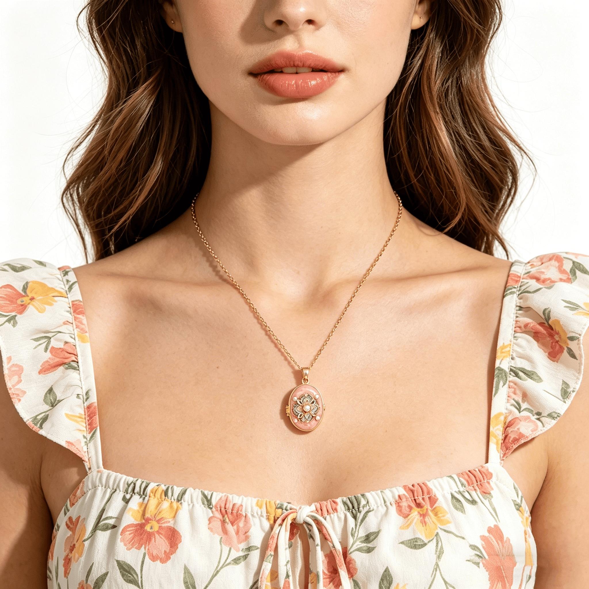 Oval Photo Frame Pendant Necklace Personalized Custom Memorial Jewelry Gift for Women Girls Mother Day Anniversary Birthday Gift Flower Pendant Necklace