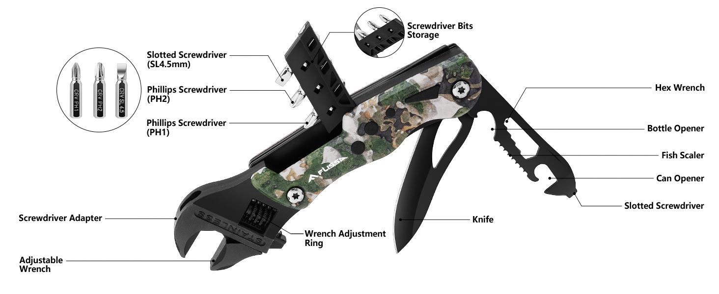 #SpringGlowUp FLISSA 13-in-1 Multi Tool Wrench, Stainless Steel Camo Multitool Adjustable Wrench with LED Light, EDC Pocket Knife with Sheath, Multipurpose Multi Use Tool