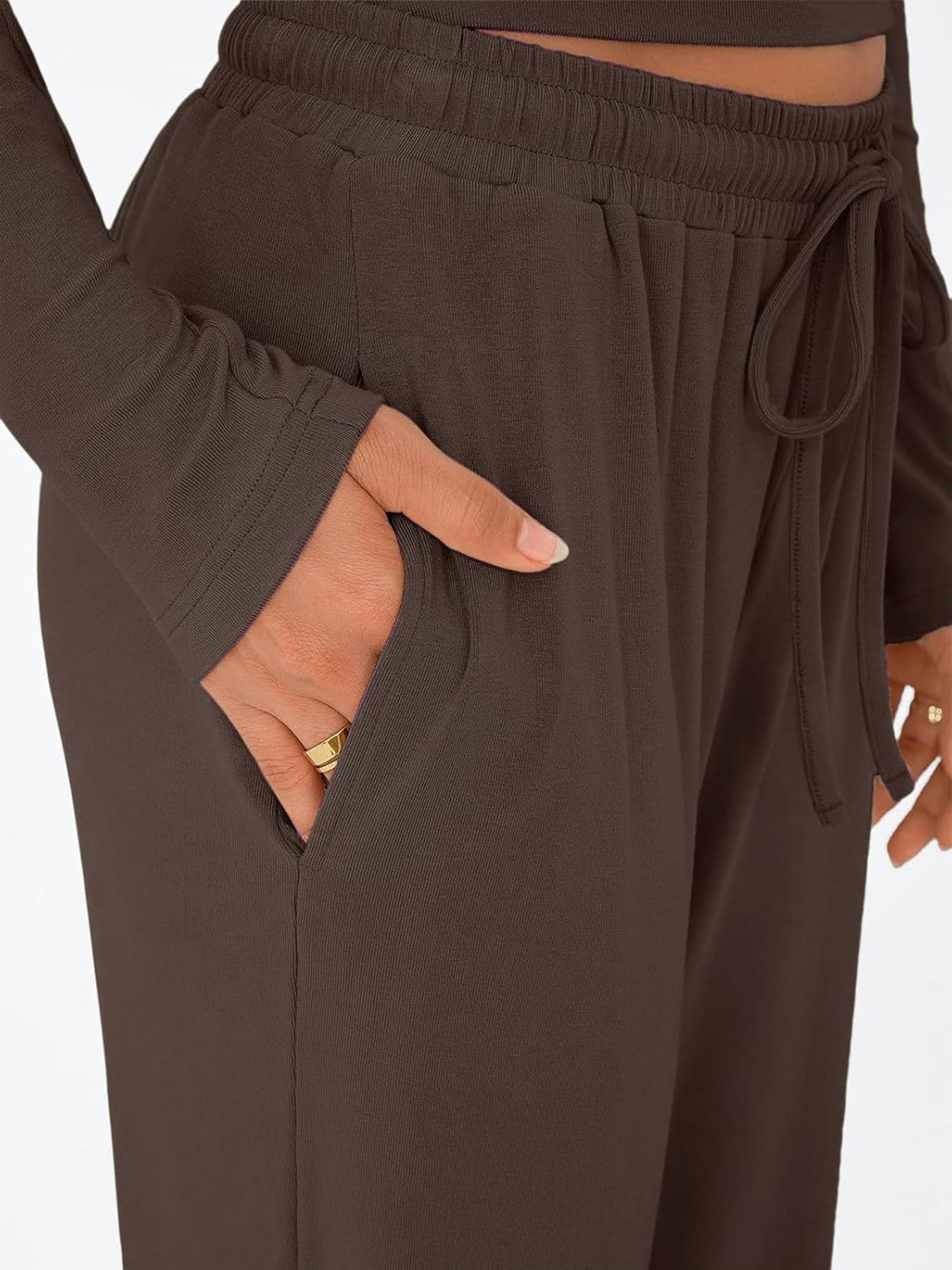 2026 Women's 2 Piece Matching Lounge Set Long Sleeve Slightly Crop Fitted Top Wide Leg Drawstring Pants Casual Sweatsuit Loungewear