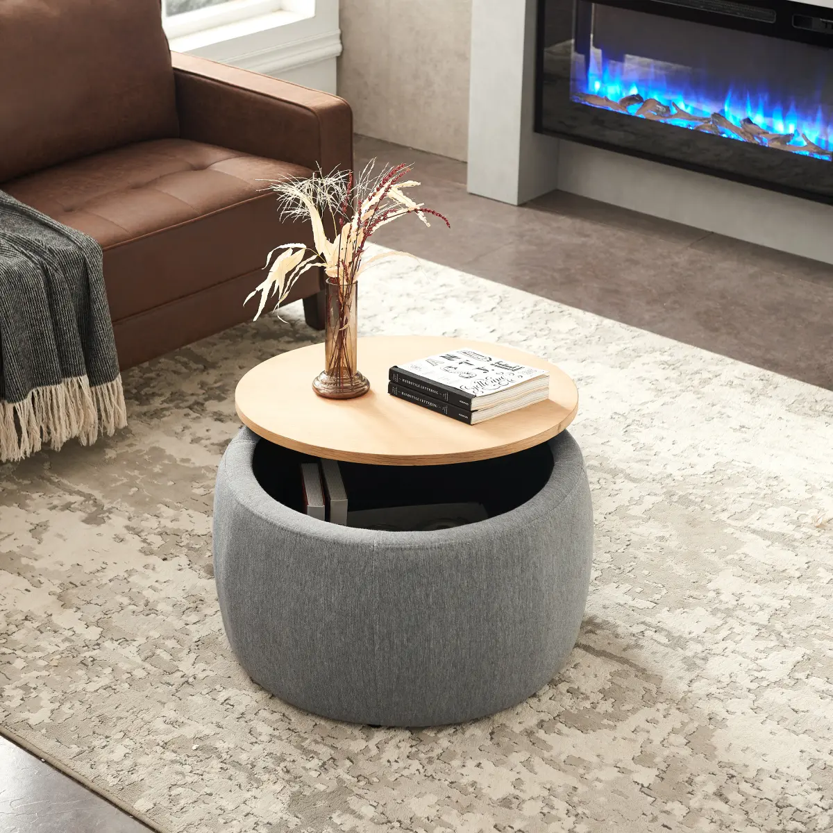 Round Shape Storage Ottoman Table, 2-in-1 End Table & Storage Space Furniture, Dark Grey (25.5" x 25.5" x 14.5")