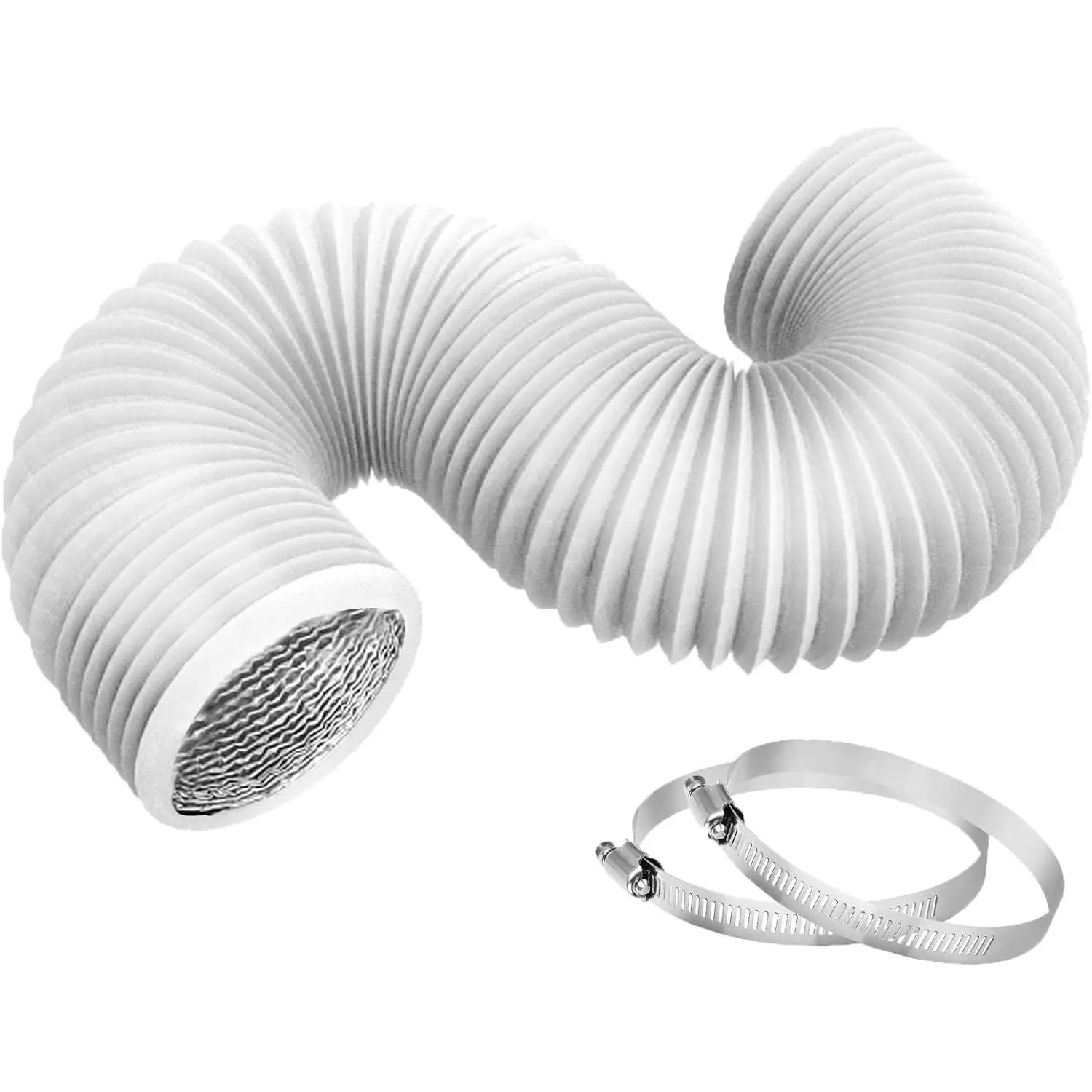 4 Inch 8ft Dryer Vent Hose, Flexible Insulated Air Ducting,Vent Hose PVC  Foil with 2 Clamps for HVAC Ventilation(White)