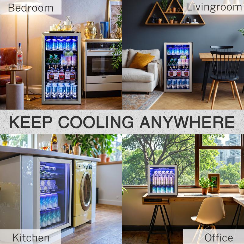 TEHANLD Beverage Refrigerator Cooler  Mini Fridge with Glass Door for Soda Beer or Wine, Beverage Cooler for Home, Office, Bar with Adjustable Removable Shelves
