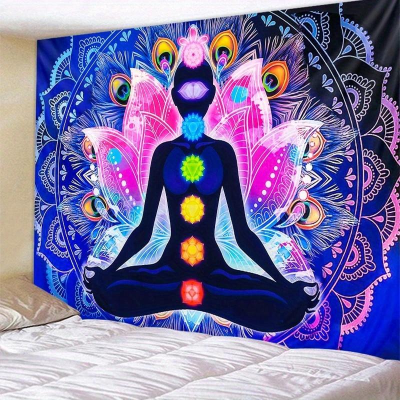 Neon,Nature,Bohemian,Sun,1 Piece 7 Chakra Symbol  -Indian Figure Mandala Art Backdrop,Witchy Boho Hippie Home Decoration,Colorful Artistic Banner for Yoga Studio  Hanging Wall Decor  decor leopard room decor stuff for your room cheap bedroom tapestry deco