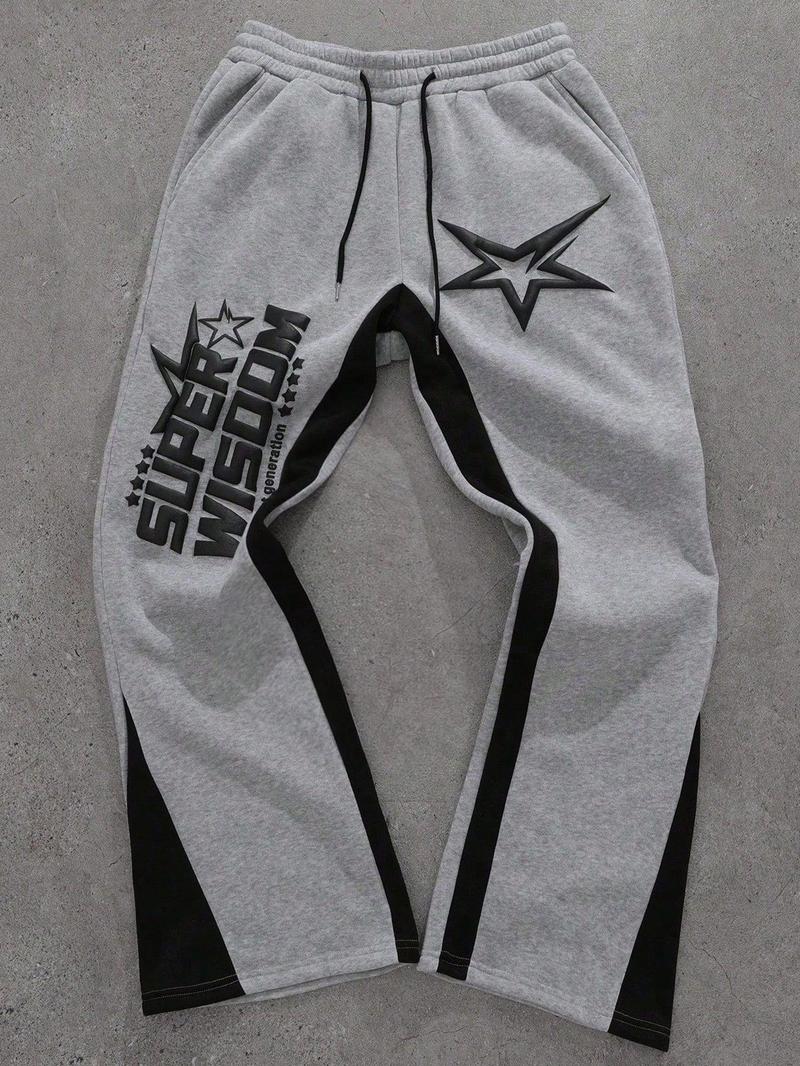 Retro Oversized Star Pattern Flared Sports Pants, Heavyweight Contrast Color Wide-Leg Joggers for Festivals & Street Fashion, Comfortable Loose-Fit Athletic Trousers
