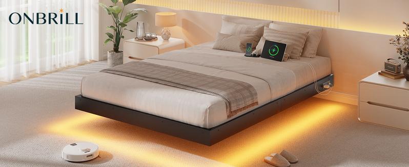 【Valentine's Day Gift】ONBRILL Floating Bed Frame with LED Lights Metal Slats Underbed Storage Space No Box Spring, Bedroom Furniture