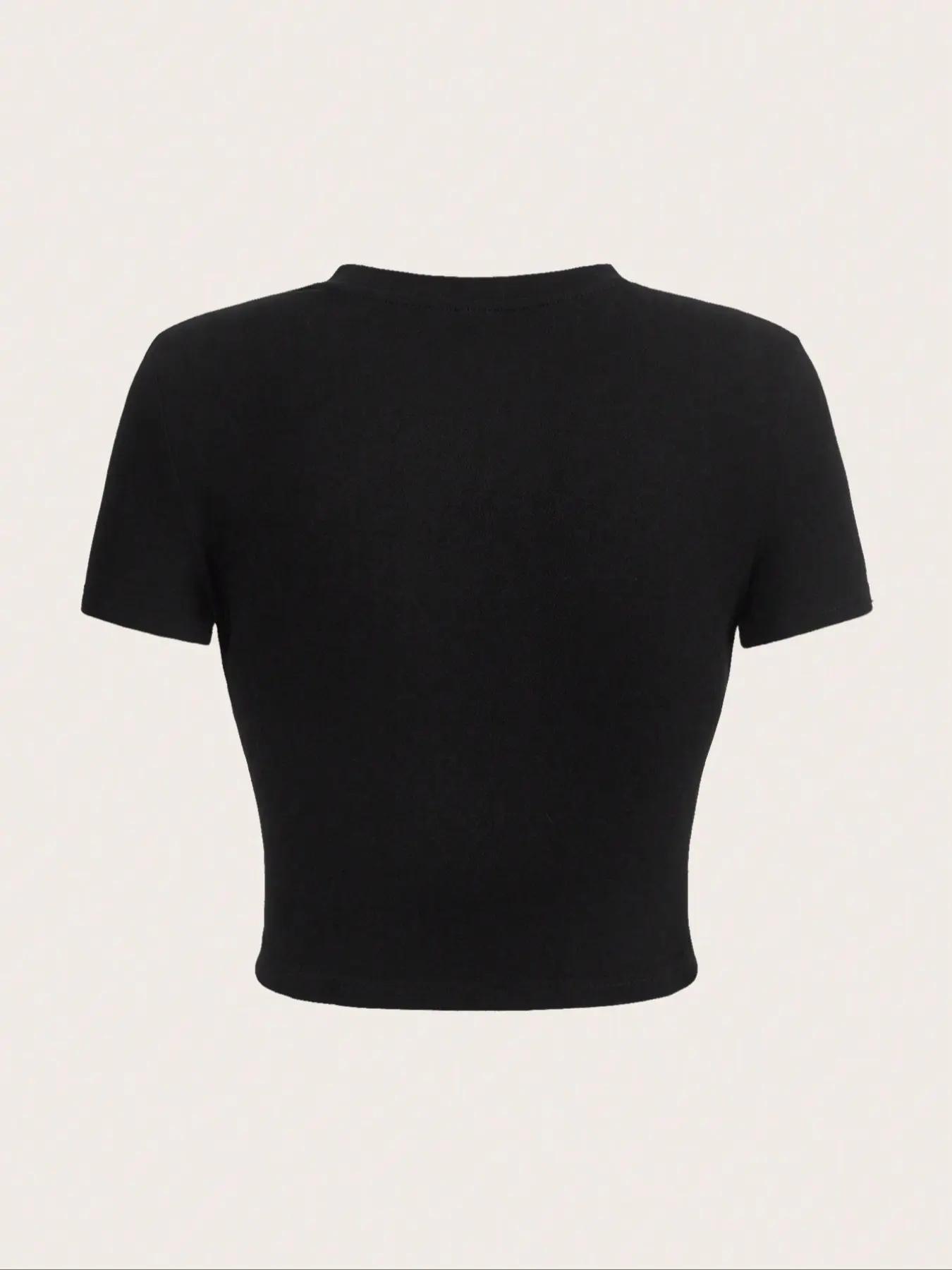 Essnce 1pcs Women Solid Round Neck Casual Tee Womenswear