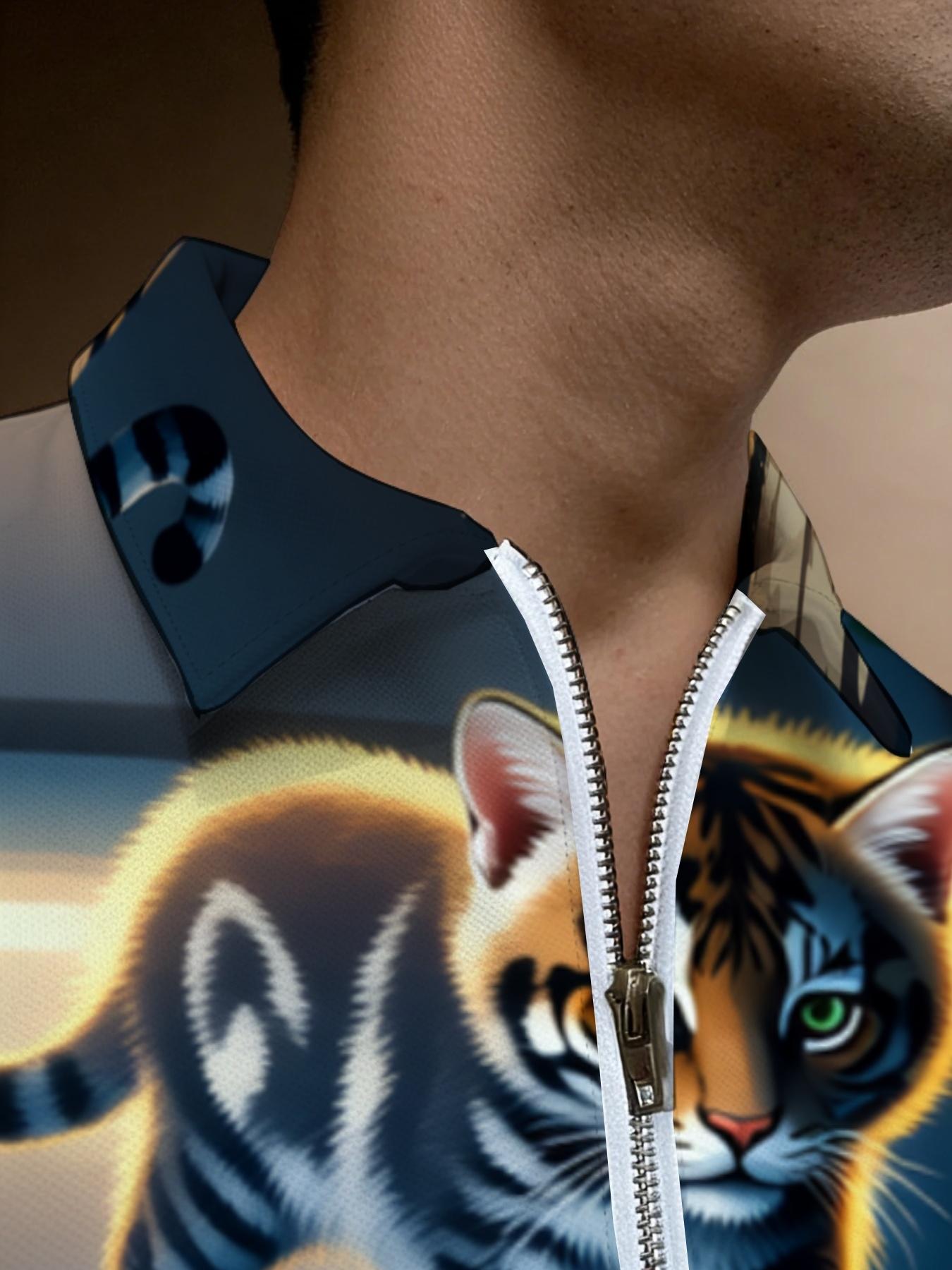 Men's Short Sleeve Polo Shirt with Tiger Print, Summer Fashion Casual Top, Trendy Design Men's Clothing