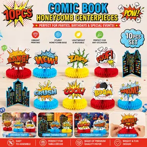 Superhero Theme Honeycomb Centerpiece, 10pcs/set 3D Table Topper, Paper Centerpieces, Fun Action Sign Standing Cards for Birthday Party Baby Shower Decor, Ornaments, Birthday Party Decorations