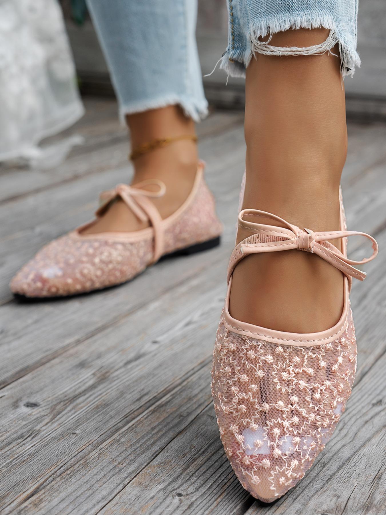 Women's Elegant Lace Pointed Mary Jane Sandals, Delicate Mesh Embroidery, Bow, Comfortable Flat Sole, Spring Summer Casual Shoes, Pointed Toe Flats, Mary Jane Flats