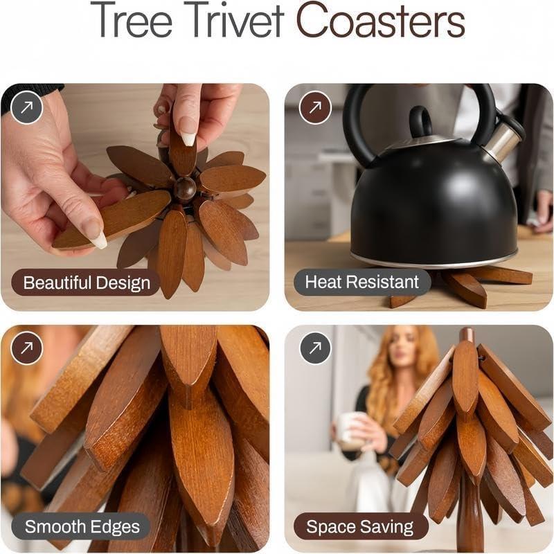 Tree-Shaped Wooden Heat Insulating Pad Set, 4 Walnut Pads + 1 Stand, Foldable Design, High-Temperature Kitchen Mat, Ideal for Hot Dishes, Pots, Bowls, Teapots