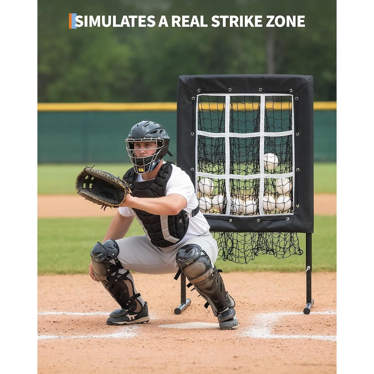 9-Hole Baseball Pitching Net with Strike Zone, 5 Height Adjustable Training Net for Pitching and Batting Practice, Includes Stakes and Sandbags