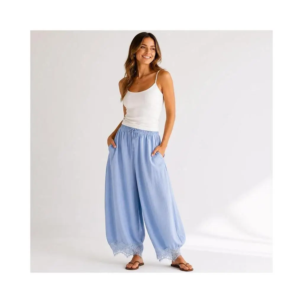 Lace Satin Pants Cropped Boho Beach Pant 2026 Summer Sale Fall Fashion Pants Drawstring High Waist Wide Leg Pants Summer Lightweight Lounge Trousers Casual Elastic Waisted Vacation Outfits with Pockets
