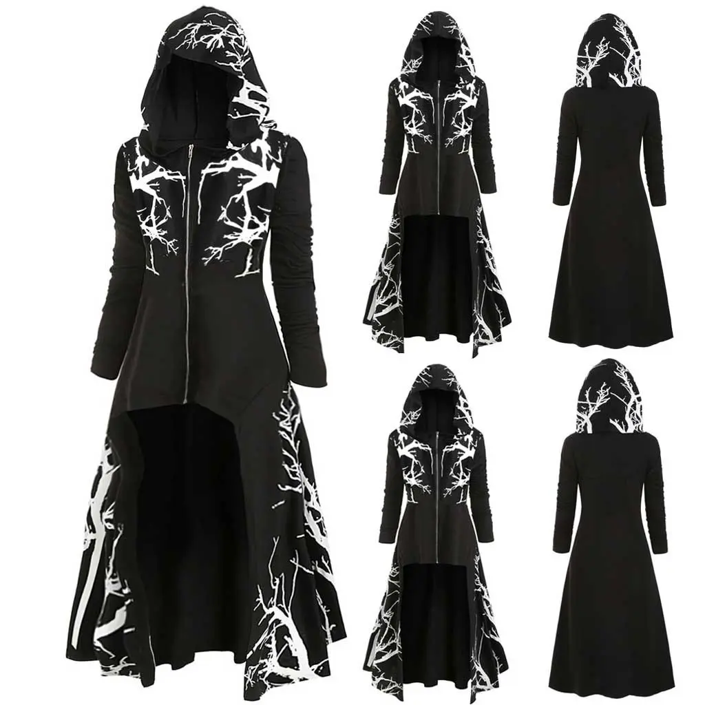 Gothic Halloween Hooded Cape Cloak for Women, Irregular Hem Branch Print Long Sleeve Zip Up Long Coat Witch Cosplay Party Costume
