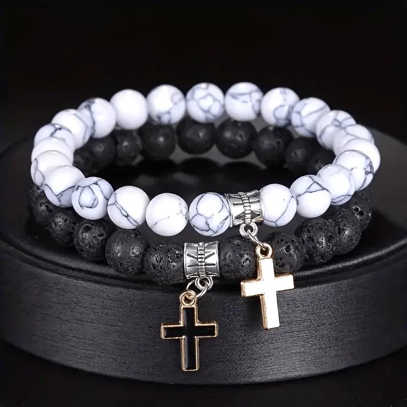 Agate Volcanic Stone Cross Pendant Bracelet, High-End Couple Bracelet, Perfect Gift for Christmas & Thanksgiving, Religious Jewelry Gift