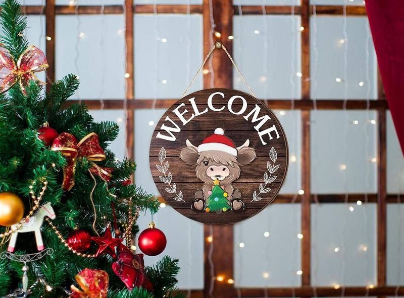 Easter Highland Cow Sign Interchangeable Welcome Sign with Magnet Detachable Hats Cute Cattle Hanging for Easter Holiday Seasonal Western Cow Decorations Birthday Home Wall Living Room Garden Cattle Farmhouse Porch Frontdoor Decor, Gift for Cow Lover