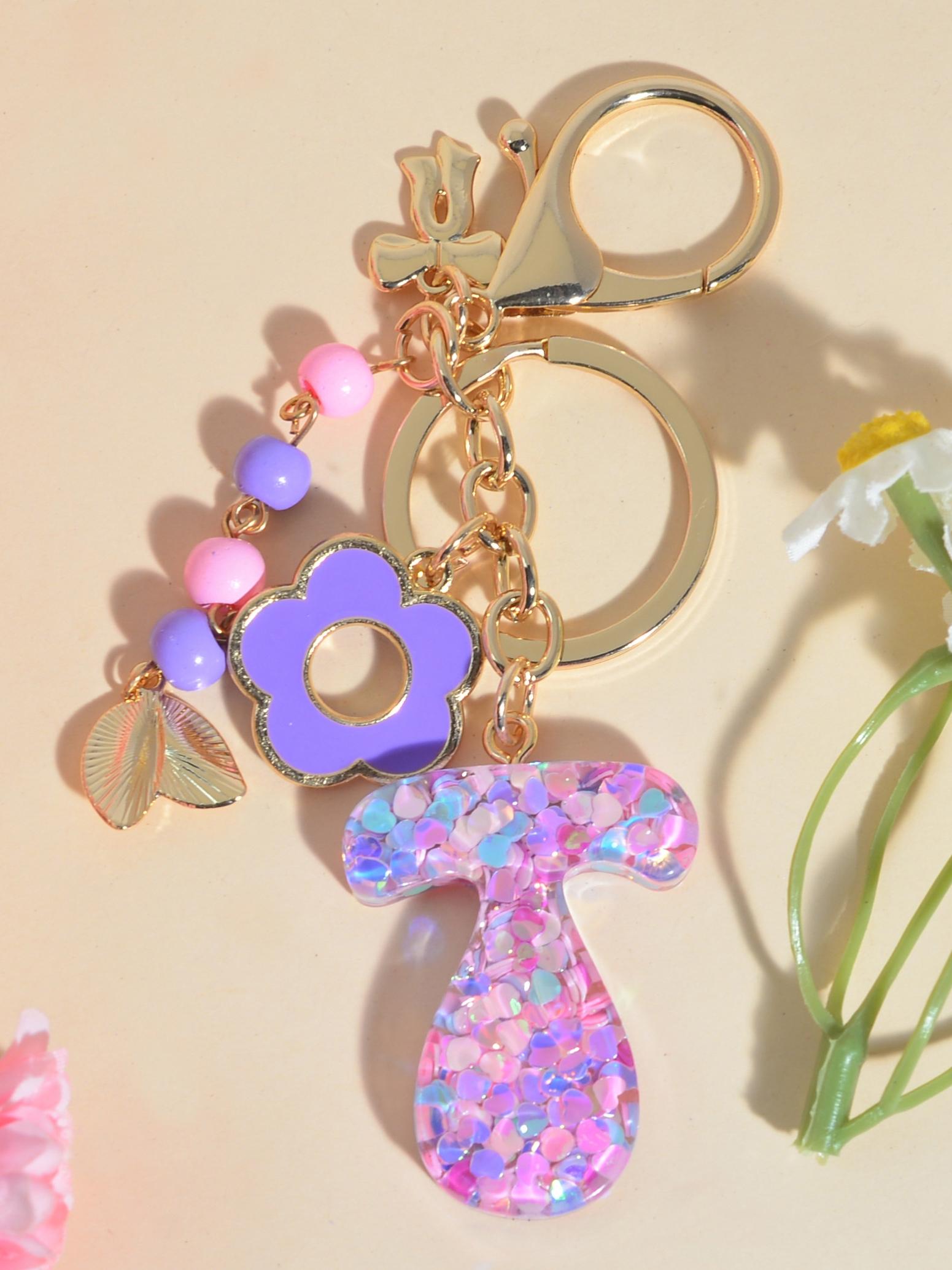 Floral Letter Keychain, Sparkly Tassel Pendant, High-End Unique Design, Birthday Gift for Couples, Student Backpack Charm, Car Key Decor