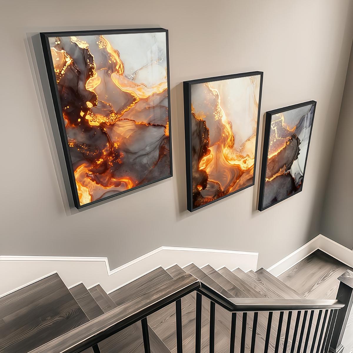 3 Counts Aluminum Alloy Framed Painting, Abstract Golden Lava Flow Pictures, Home Decoration For Living Room, Bedroom, Office, Restaurant, Hallway Wall Decor, Odorless Print Artwork, Luxury Perfect Gift For Friends And Family