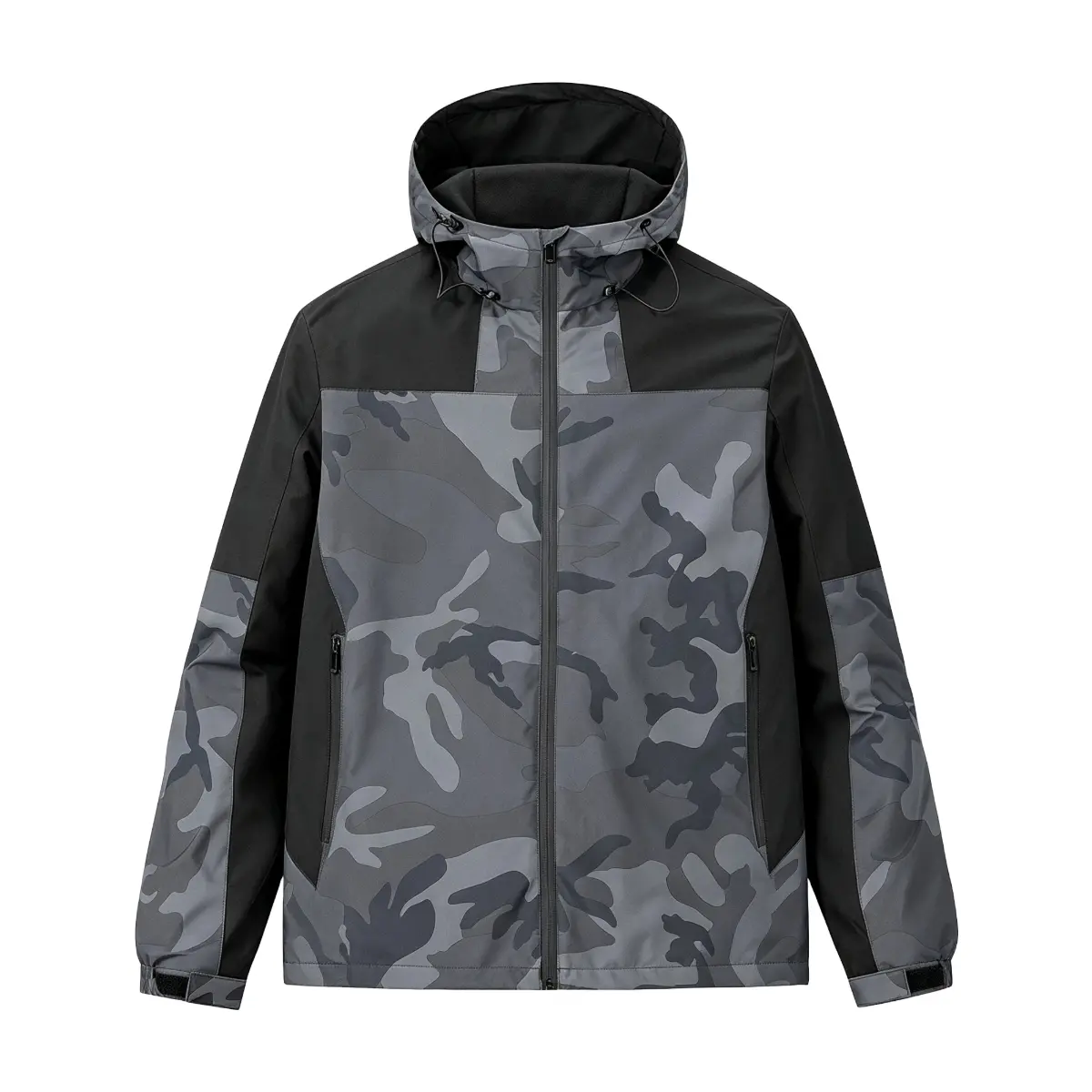Men's color block camouflage hooded jacket, fully zippered waterproof outdoor jacket, adjustable drawstring hood pocket, hook and loop cuffs, zippered side pockets, loose cut gray camouflage patchwork jacket, suitable for hiking, camping, traveling, urban